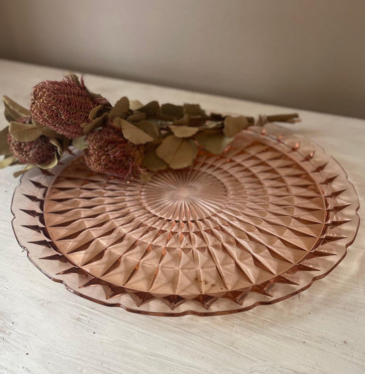 Vintage Pink Depression Glass Windsor Cake Plate - Jeanette Glass - 13 Inches - Vintage Cake Plate - Windsor Diamond Pattern - Cottagecore