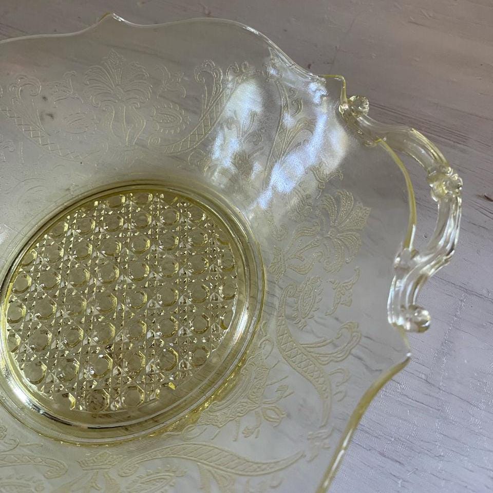 Lancaster Yellow Depression Glass Etched Bowl with Handles | Landrum Cane | Vintage Yellow Depression Glass | Vintage Fruit or Dessert Bowl