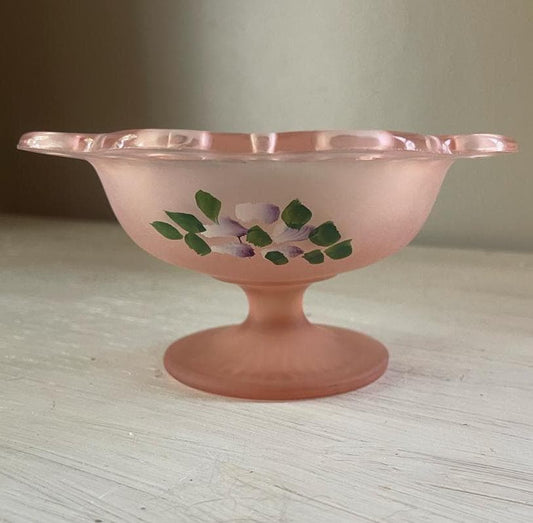 Vintage Frosted Glass Filagree Edge Pedestal Dish with Painted Flowers - Vintage Pink Frosted Glass Bowl - Vintage Candy Dish - Vintage Bowl