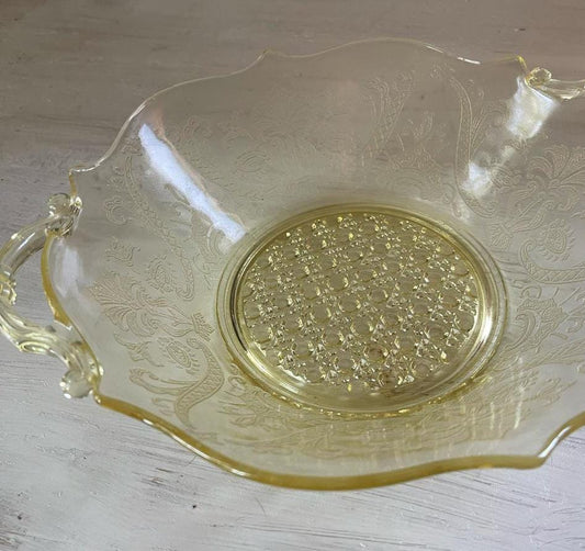 Lancaster Yellow Depression Glass Etched Bowl with Handles | Landrum Cane | Vintage Yellow Depression Glass | Vintage Fruit or Dessert Bowl