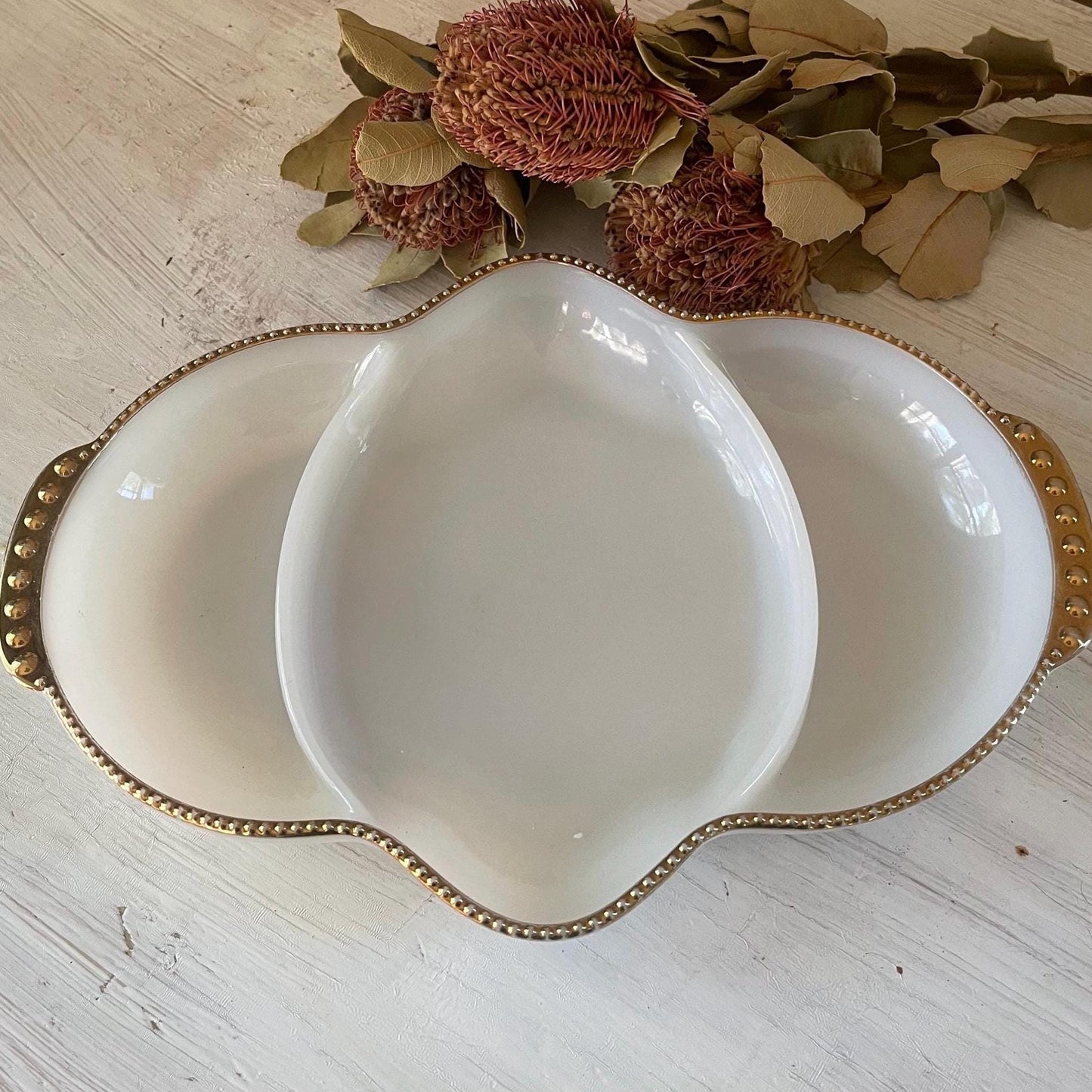 Fire King Ovenware Veggie Dish | Vintage Fire King Veggie Dish | Vintage Gold Rim Veggie Dish | Vintage Veggie Tray | Vintage Relish Tray