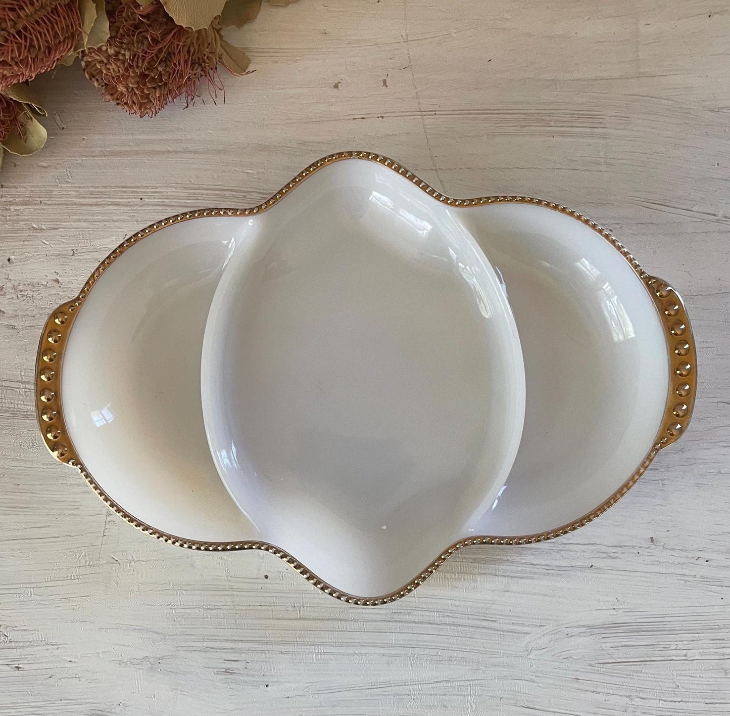 Fire King Ovenware Veggie Dish | Vintage Fire King Veggie Dish | Vintage Gold Rim Veggie Dish | Vintage Veggie Tray | Vintage Relish Tray