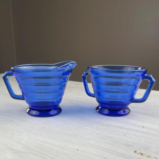 Hazel Atlas Cobalt Blue Creamer & Sugar Set | Cobalt Blue Glass | Vintage Cobalt Blue Creamer | Vintage Cobalt Blue Sugar Bowl Ribbed Glass