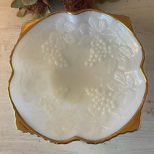 Anchor Hocking 1960s Milk Glass Square Bowl Grape Pattern with Gold Trim | Milk Glass | Milk Glass Square Bowl | Milk Glass Grape Pattern