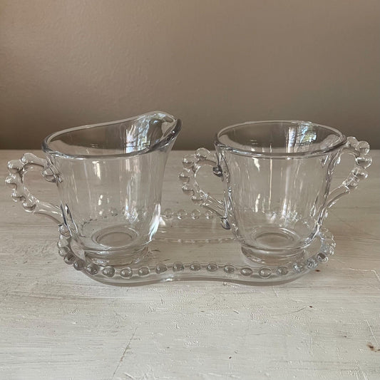 Candlewick Creamer and Sugar Bowl Set with Tray | Vintage Candlewick | Beaded Ridge Glass Plates | Candlewick Hobnail Edge | Hobnail Glass