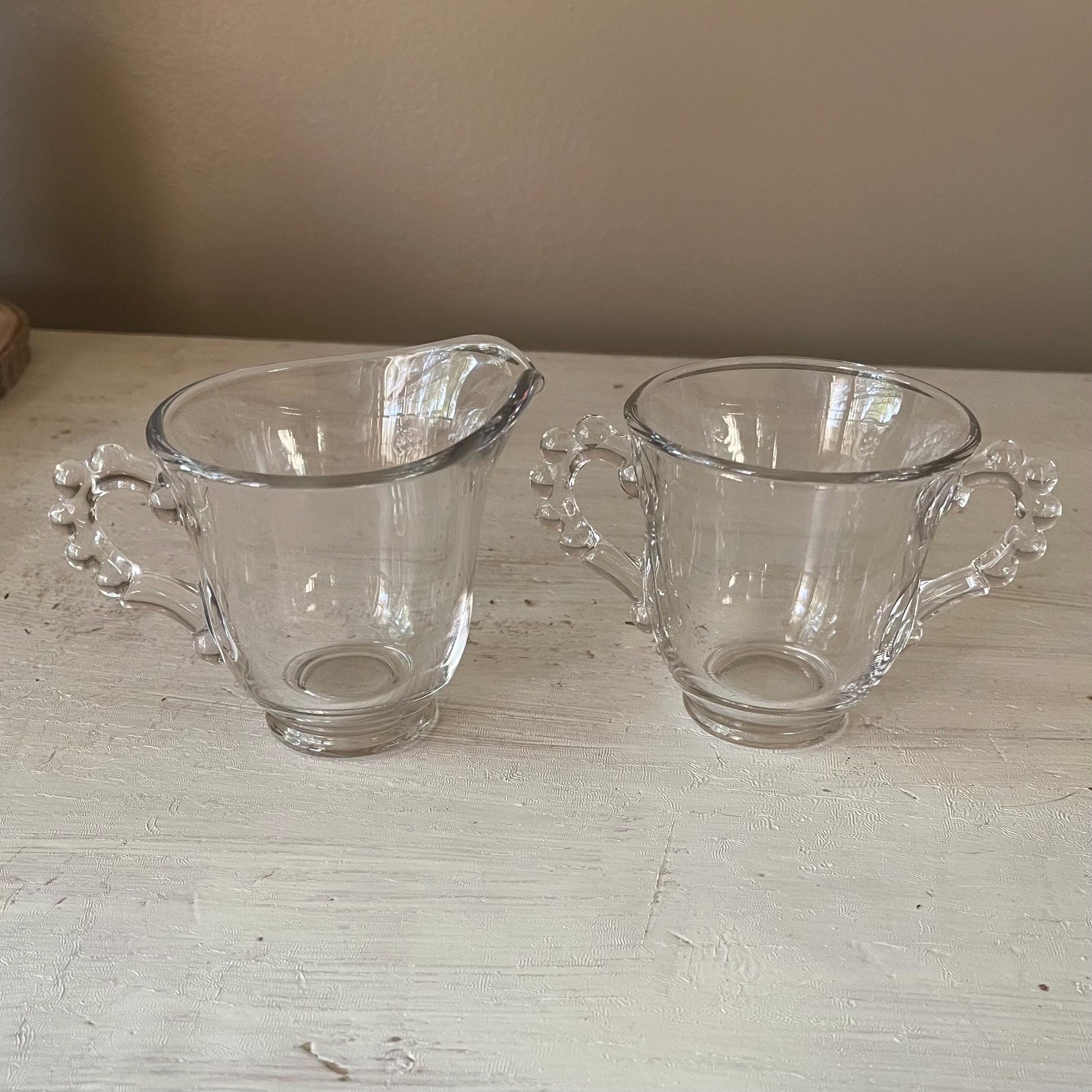 Candlewick Creamer and Sugar Bowl Set with Tray | Vintage Candlewick | Beaded Ridge Glass Plates | Candlewick Hobnail Edge | Hobnail Glass