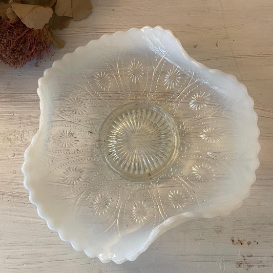 Vintage Northwood Opalescent Ruffled Edge Spoke and Wheels Blue Glass Bowl | Vintage Northwood Dish | Spoke and Wheels Glass Dish