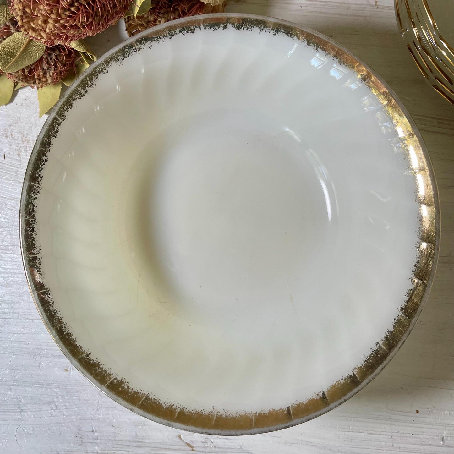 Fire King Milk Glass Golden Shell Serving Bowl | Vintage Fire King Milk Glass | Vintage Gold Rim Milk Glass Bowl | Vintage Anchor Hocking