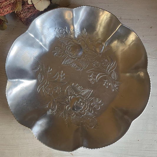 Hand Forged Hammered Aluminum Bowl with Floral Design and Ruffled Edges | Hand Forged Bowls | Vintage Aluminum Bowl | Hammered Aluminum Bowl