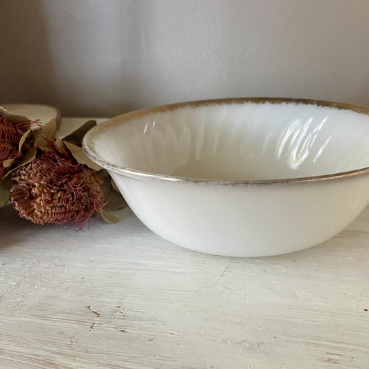 Fire King Milk Glass Golden Shell Serving Bowl | Vintage Fire King Milk Glass | Vintage Gold Rim Milk Glass Bowl | Vintage Anchor Hocking