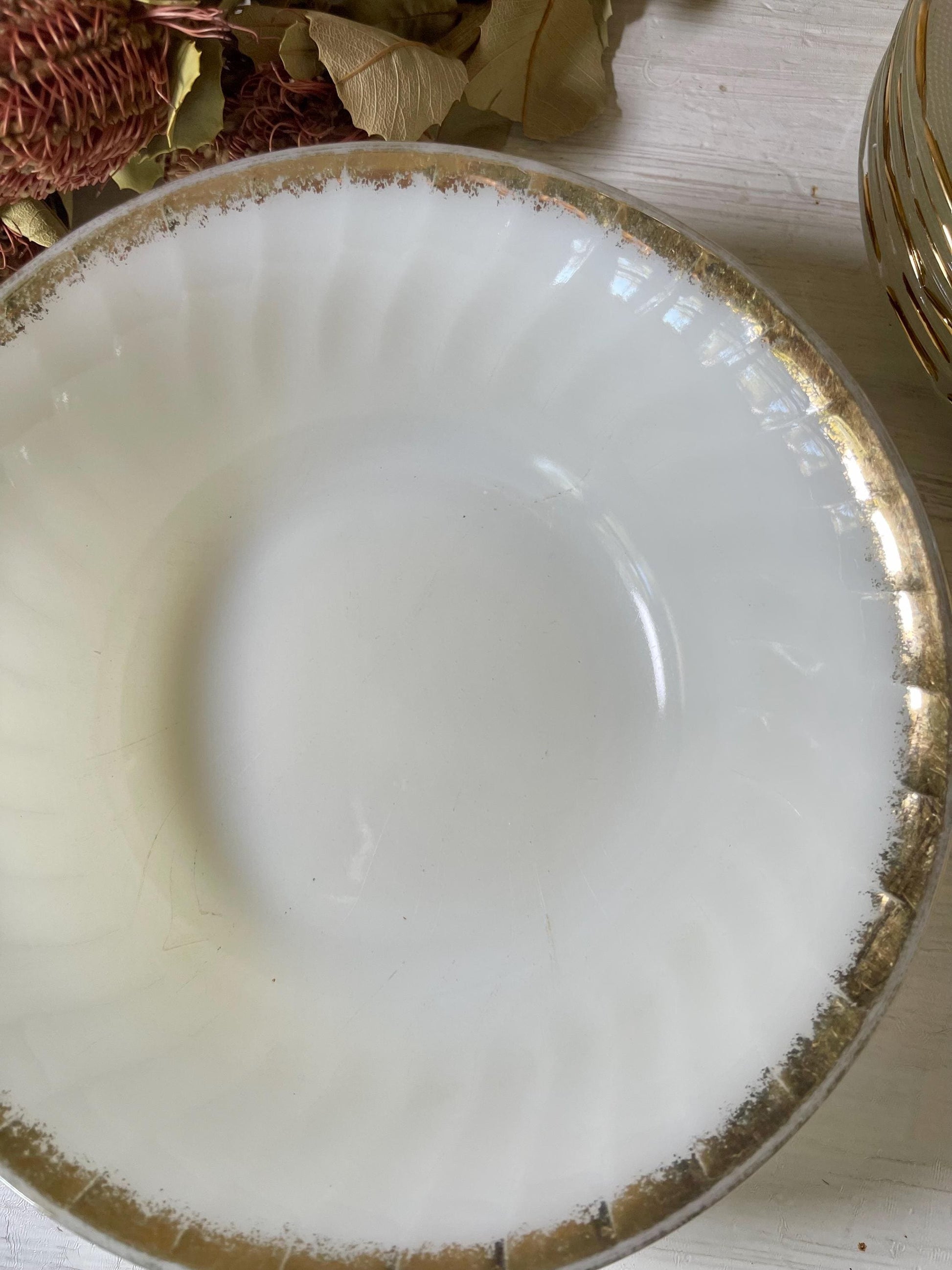 Fire King Milk Glass Golden Shell Serving Bowl | Vintage Fire King Milk Glass | Vintage Gold Rim Milk Glass Bowl | Vintage Anchor Hocking