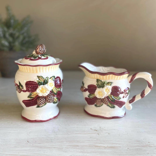 Pine Cone Wreath Cream and Sugar Set | Pine Cone Cream and Sugar Set | Vintage Christmas Cream & Sugar | Holiday Cream and Sugar