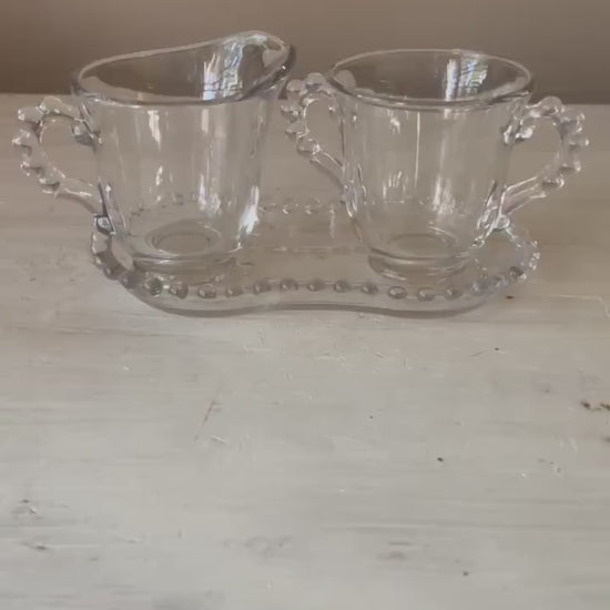 Candlewick Creamer and Sugar Bowl Set with Tray  | Vintage Candlewick | Beaded Ridge Glass Plates | Candlewick Hobnail Edge | Hobnail Glass