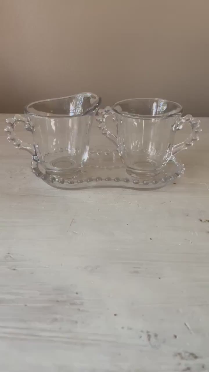 Candlewick Creamer and Sugar Bowl Set with Tray  | Vintage Candlewick | Beaded Ridge Glass Plates | Candlewick Hobnail Edge | Hobnail Glass